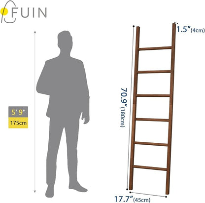 FUIN 6ft Wooden Brown Blanket Ladder Living Room Decorative Wall Leaning Farmhouse Quilt Display Holder Rustic Wood Towel Rack for Bathroom