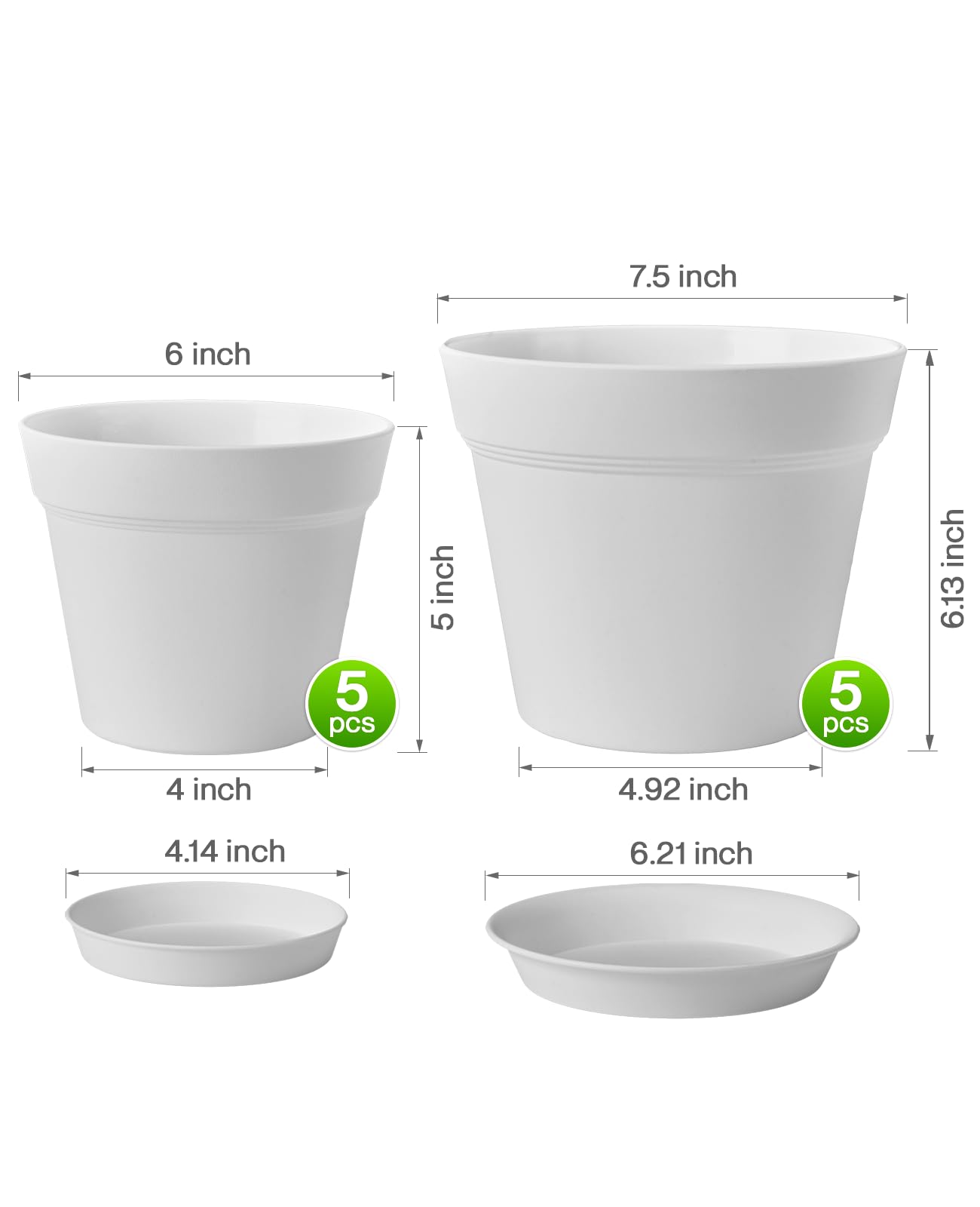 homenote Plant Pots,6/7.5 Inch Flower Pots for Plants Plastic Planters for Indoor with Multiple Drainage Holes and Trays, for All Home Garden Flowers Succulents,Outdoor(White,10 Pack)