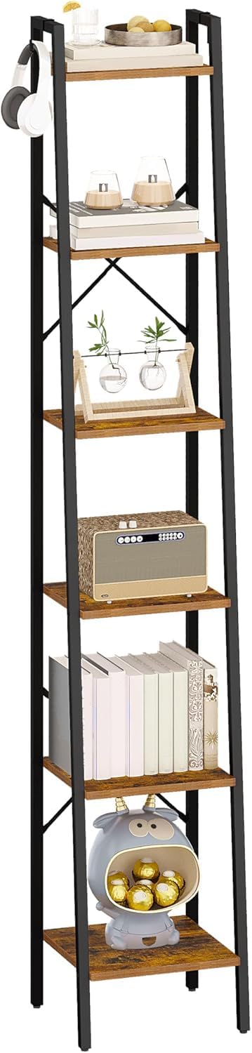 Hzuaneri Ladder Shelf, Bookshelf Bookcase, Freestanding Corner Storage Shelve with 2 Hooks for Home Office, Living Room, Kitchen, Bedroom, Industrial, 11.8"D x 13.4"W x 72.8"H, Rustic Brown BC13301B