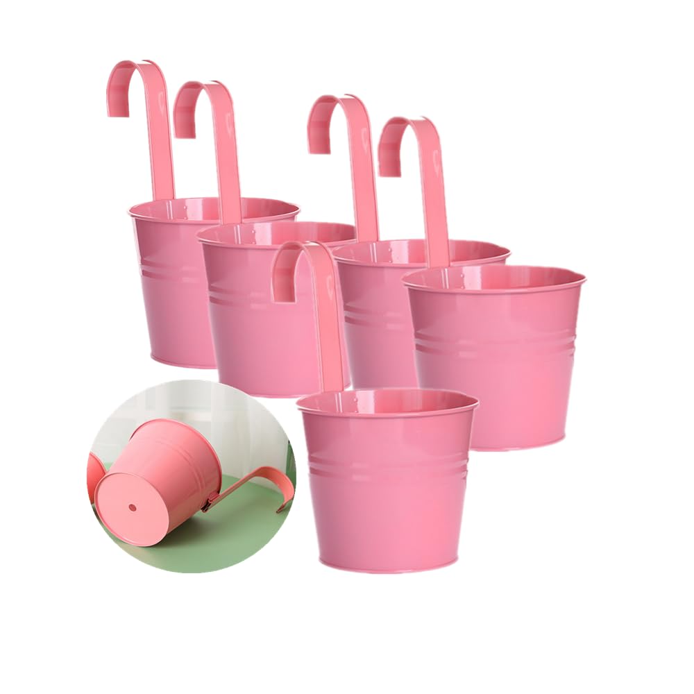 Leoyoubei Hanging Flower Pots for Outdoor Indoor Plants with Removable Hooks -5 Pack Metal Buckets Plant Pots Wall Fence Home Decor-Storage Box,Drainage Holes -5''Diameter (Pink)