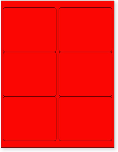 8-1/2 x 11 Neon Color High Light Fluorescent Labels for Laser & Inkjet Printer (Red Fluorescent, 4" x 3-1/3" - 6 Per Page | 600 Labels)