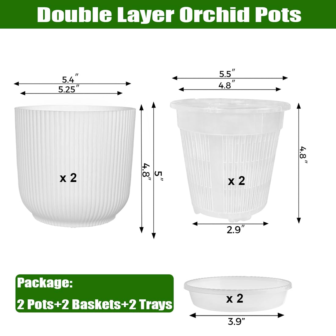 MUZHI 2 Layer Orchid Pot with Holes,Inner Clear Mesh Slotted Basket with Drain Tray 5.4”, Decorative Breathable Plastic Orchid Flower Pot for Indoor and Outdoor Phalaenopsis Growing Container White