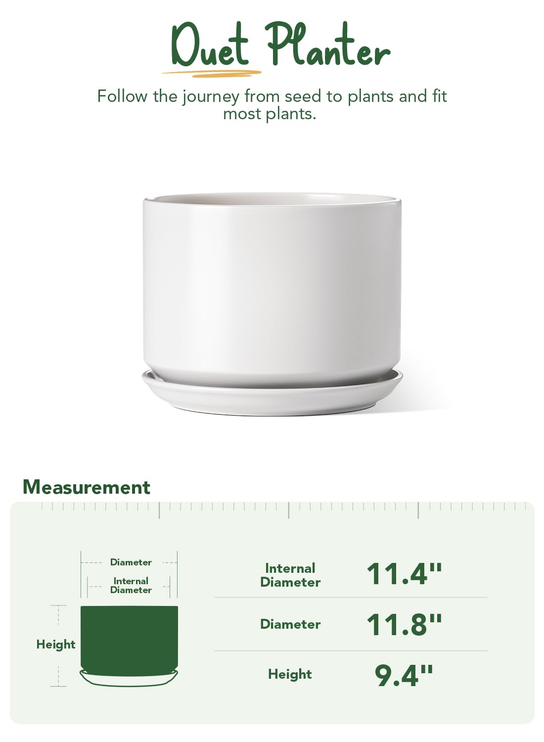 LE TAUCI 12 Inch Pots for Plants, Ceramic Plant Pots with Drainage Holes and Saucers, Elegant and Durable Large Plant Pot, Perfect for Home & Office Decor, White