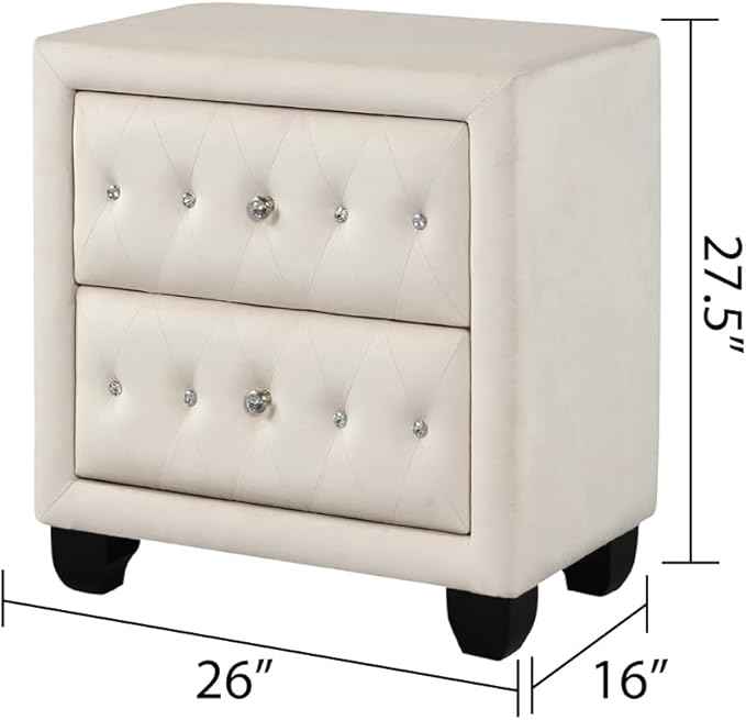 Sophia Modern Style Crystal Tufted 2-Drawer Nightstand Upholstered