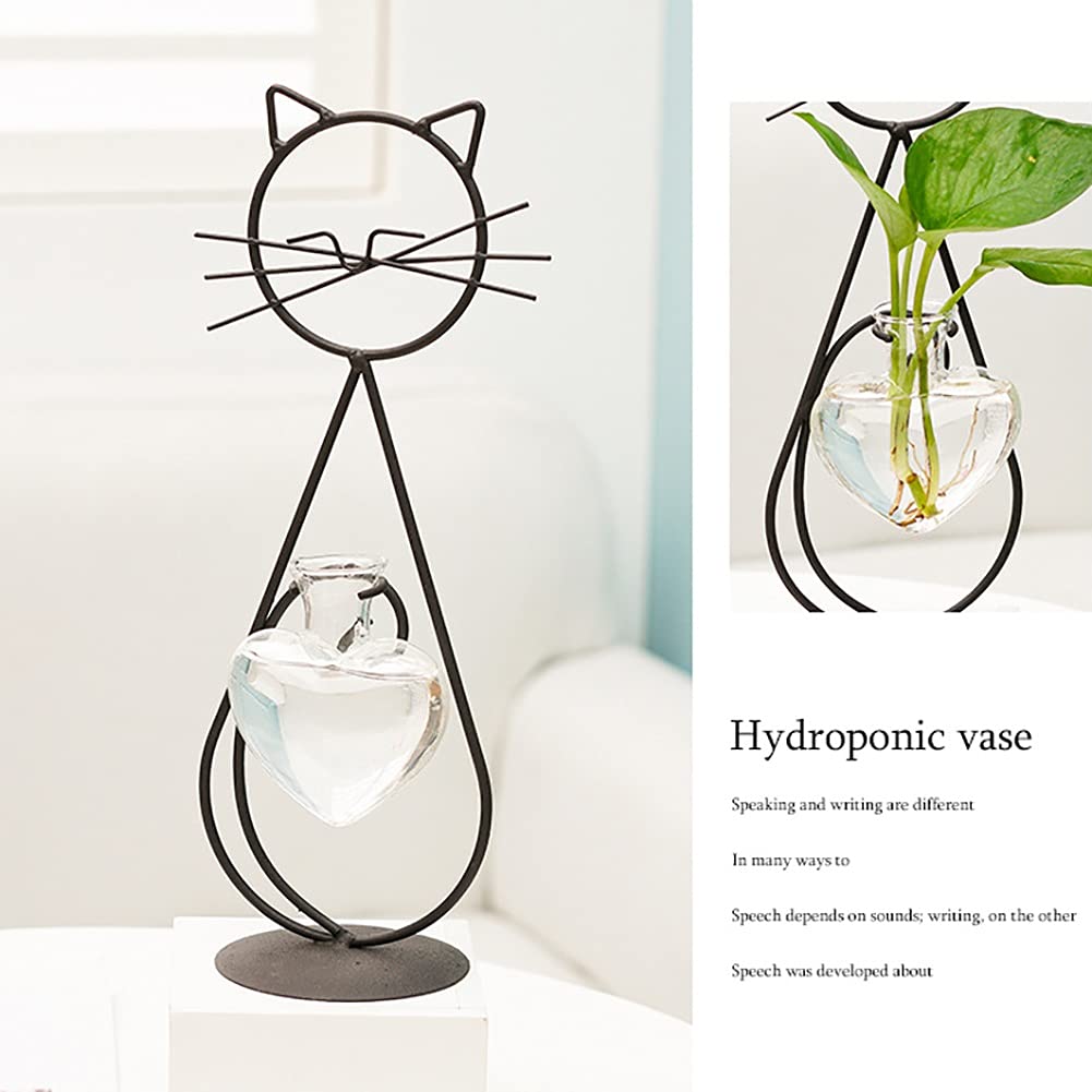 Lifeuping 2PCS Desktop Heart Glass Planter Vase Holder, Cat Plant Metal Stand Cat Gifts for Hydroponics Plants Terrarium Home Garden Decor Outdoor Planter Ideas Cat Lovers