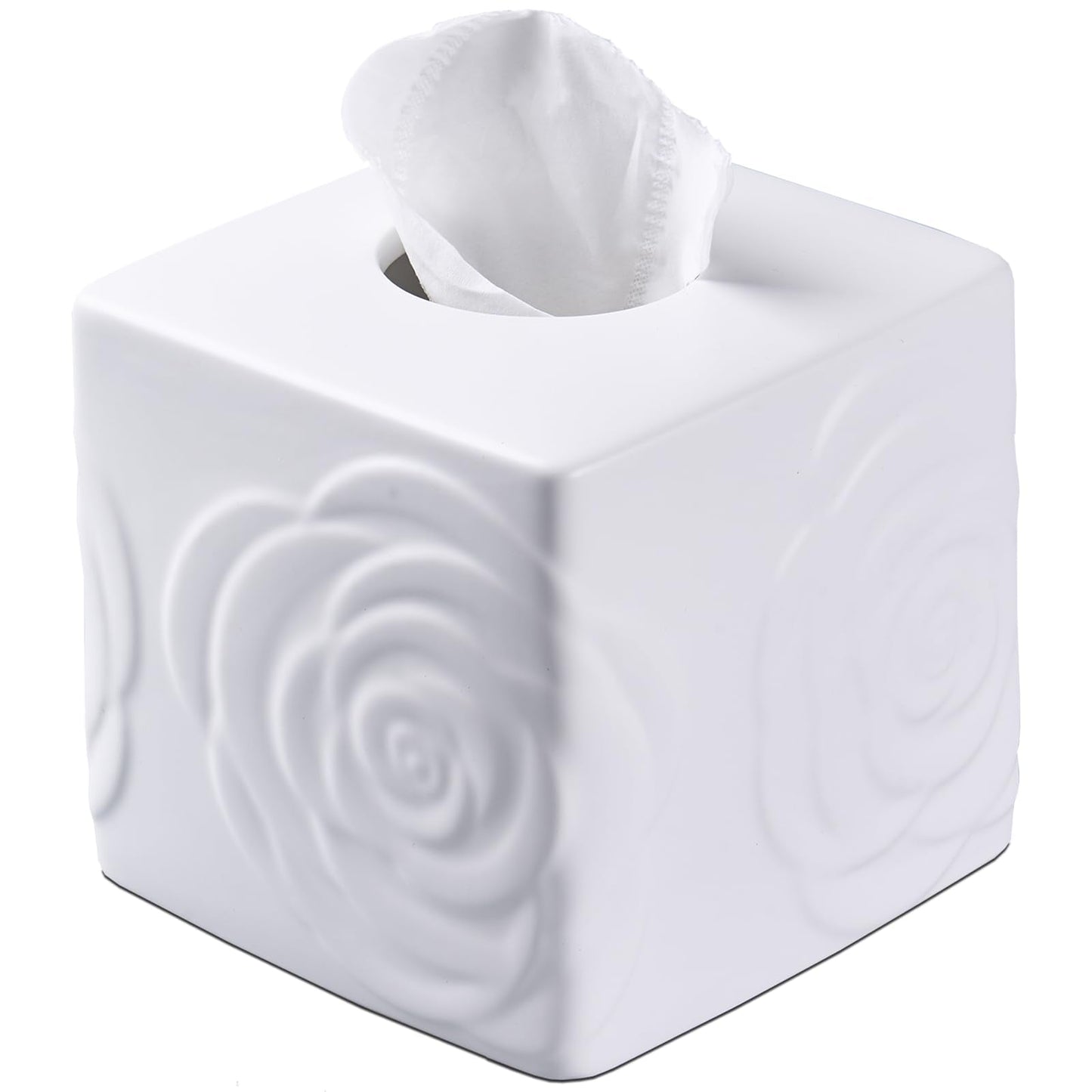 White Ceramic Rose Tissue Box Cover, Carved Flowers Large Square Tissue Box Holder Decorative for Bathroom, Vanity, Kitchen Countertop, Bedroom Night Stands, Office Desk Top