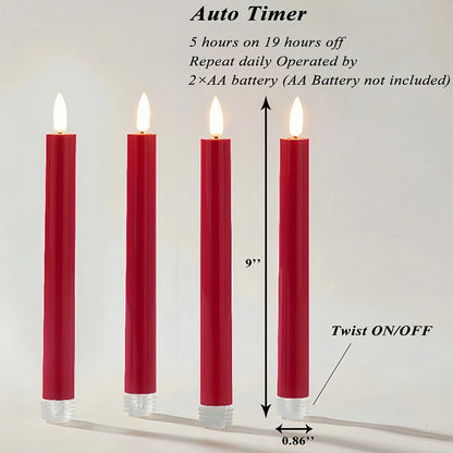 Simplelight Red Flameless Taper Candles with Timer, 9 Inch, Pack of 4