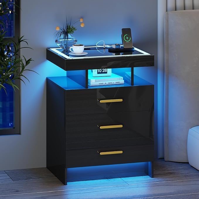 Black Night Stand with Wireless Charging Station, Smart Bedside Table with 3