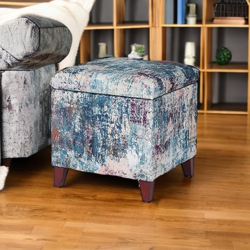 Adeco 18 Inch High Cube Ottoman Storage, Linen Chair Foot Stools, Upholstered