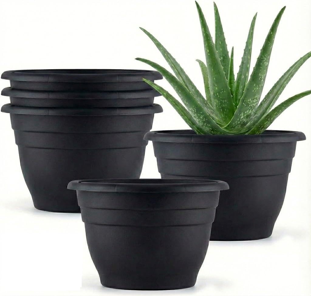 RooTrimmer 5 Pack 10 Inch Plant Pots Plastic Planters with Drainage Holes & Plugs,Lightweight Flower Pots for Indoor Outdoor Plants,Flowers,Monstera,Snake Plant,Home Garden(Black)