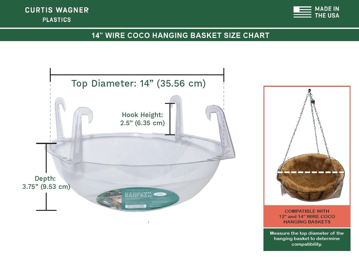 Curtis Wagner Plastics Wire Coco Hanging Basket Drip Pans (5-Pack) | Clear, Round (Top 12” - 14", Depth 3.75") Hanging Plant Tray Saucer with Built-in Hooks & Water Catcher for Indoor & Outdoor