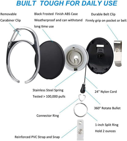 12 Packs Heave Duty Retractable Badge Reels with Carabiner Belt Clip and Key Ring, Badge Holders for ID Card Holders with 26.5 Inch Pull Cord (Black)
