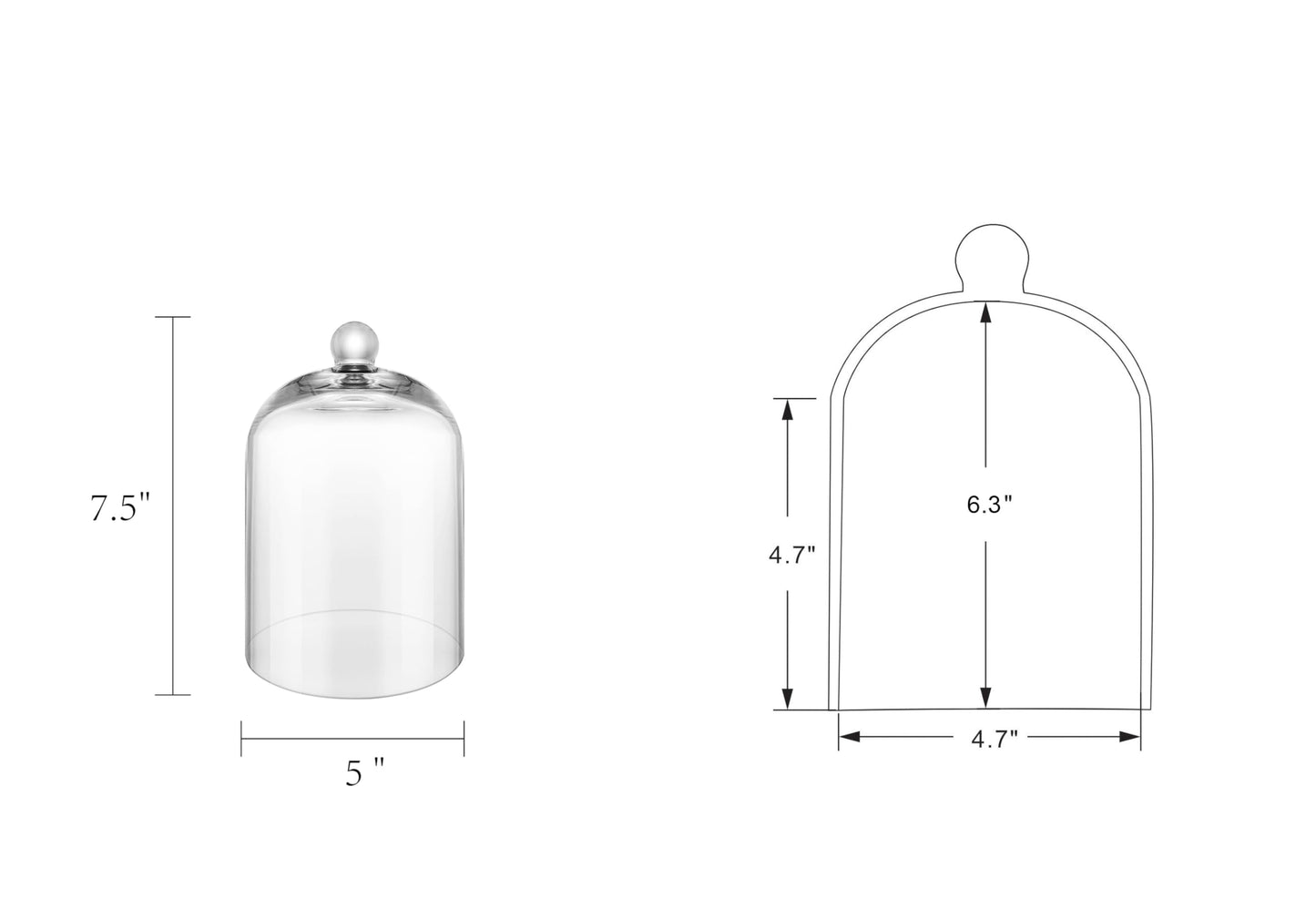 7.5" Tall Handmade Glass Cloche, Thick & Sturdy, Dia 5"xH 7.5", For Terrarium, Plants, Trinkets, Cakes, Figurines, LED Light String, Candle. Cloche Glass Dome, Bell Jar Display Case (1, 5.12"x7.48")