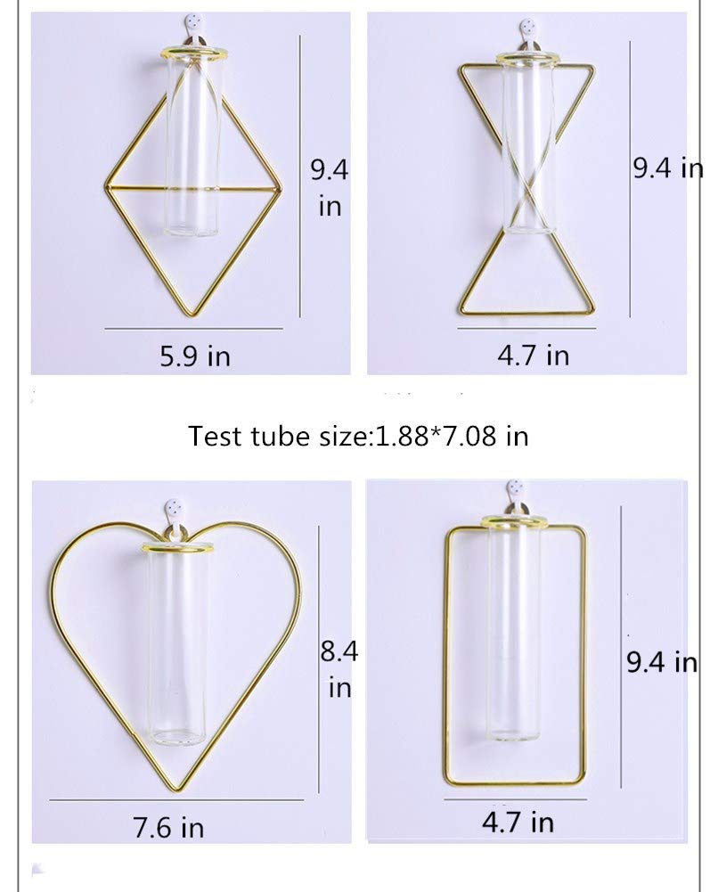Nordic Wall Vase,Gold Geometric Vase Hanging Hydroponic Planter,Wall-Mounted Metal Glass Tube Bud Vase Decorative for Centerpieces Wedding Home Decor(Gold 4)