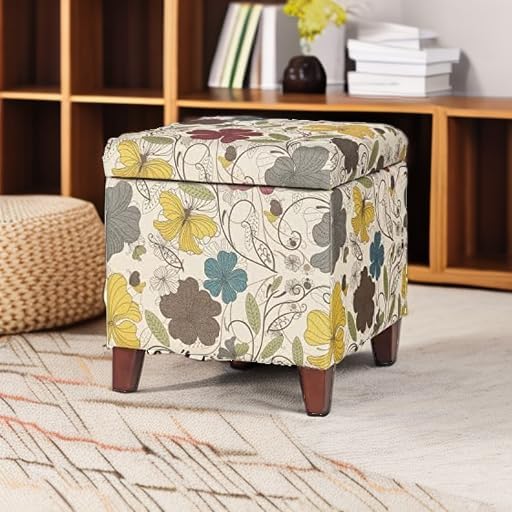 Adeco 18 Inch High Cube Ottoman Storage, Floral Printed Linen Chair Foot Stools