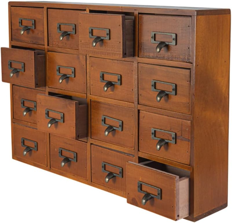 16 Drawers Apothecary Cabinet with Drawers Tabletop Apothecary Chests and Cabinets Library Card Catalog Cabinet Herb Storage Box Wooden Desk Drawer Organizer Medicine Vintage Furniture(BROWN)