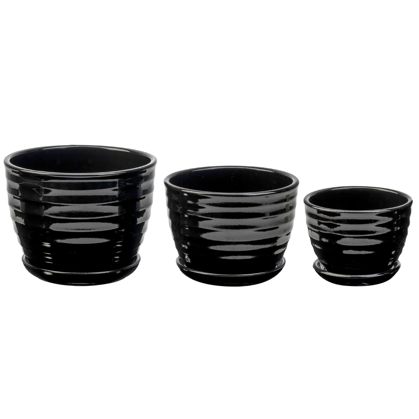 MyGift Black Ceramic Pots for Plants, 6.7+5.6+4.5 inch Flower Pots, Plant Pots Indoor with Drainage Holes and Tray, Garden Planters for Succulent and Flowers, Set of 3