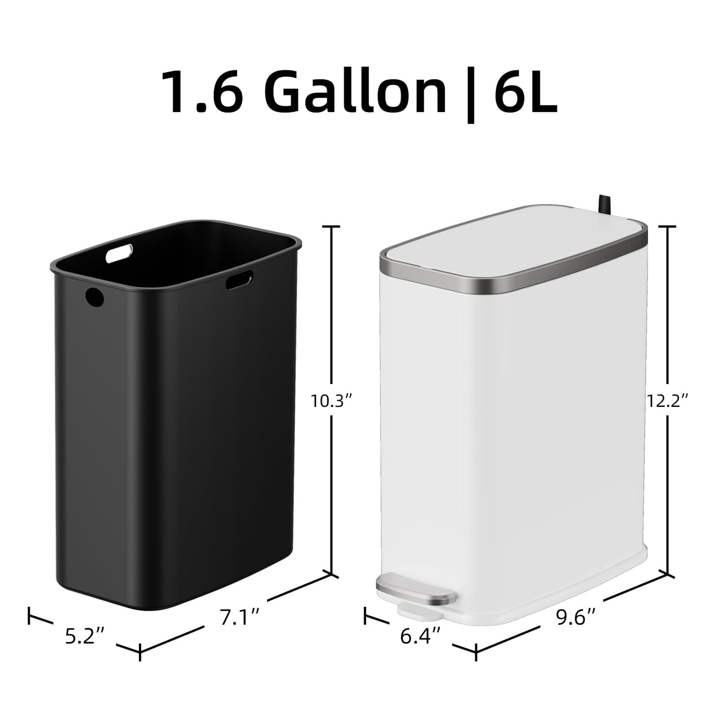 KdbK Stainless Steel Bathroom Trash Can with Lid Soft Close,1.6 Gallon Slim Garbage can,Small Metal Step Wastebasket for Office, Bedroom, Toilet, White