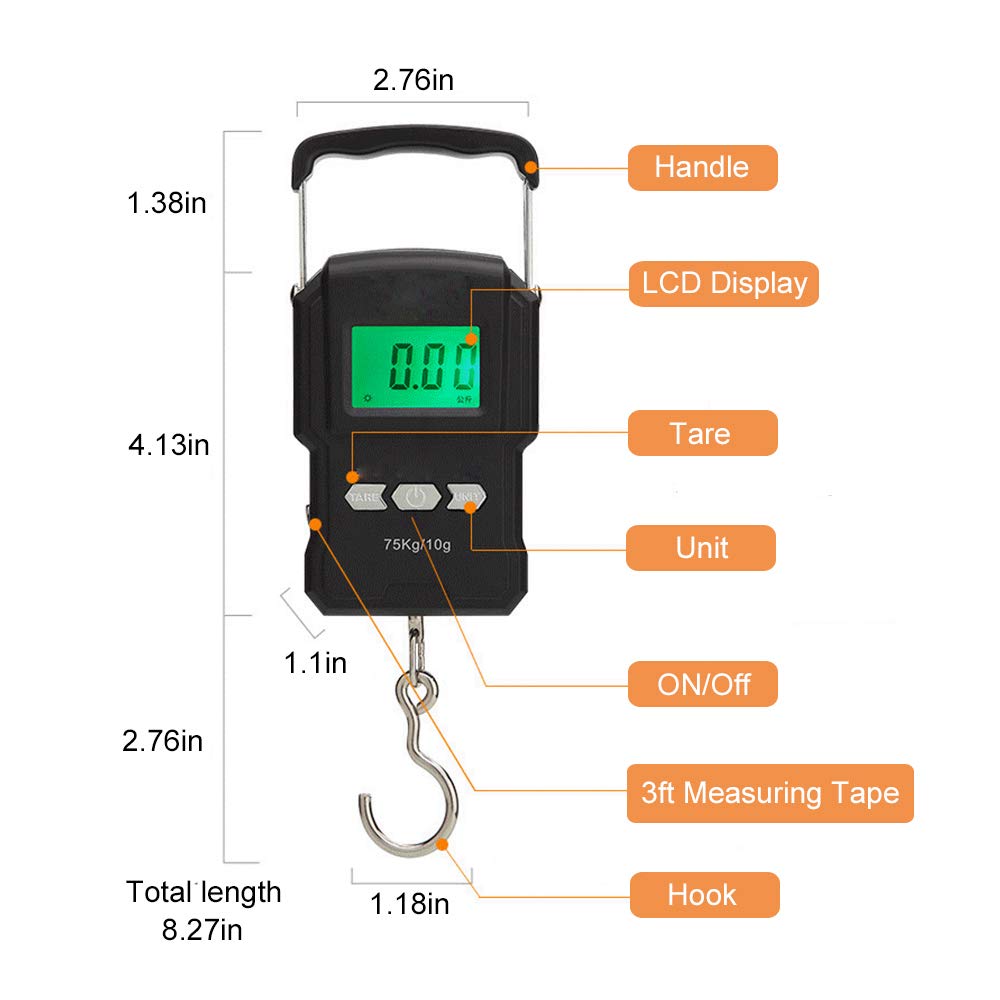 YAGSUW Portable Electronic Hook Scale Digital Hanging Bag Luggage Weight Scale Fishing Scale with Measuring Tape 165Lb Black