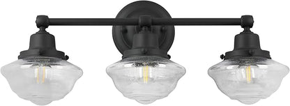 Design House Vintage-Inspired Schoolhouse 3-Light Dimmable Vanity Light, 23.125 in x 7.625 in x 9.5 in, Matte Black, Clear Seeded Glass Shades, 589143-BLK