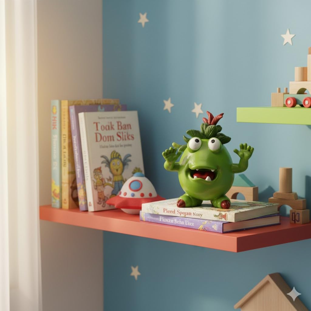 GoGnome Cute Green Monster Resin Figurine Indoor Outdoor Garden Statue Whimsical Funny Desk Decor - Little Alien Creature with Red Flower/Sprout, Unique (Green)