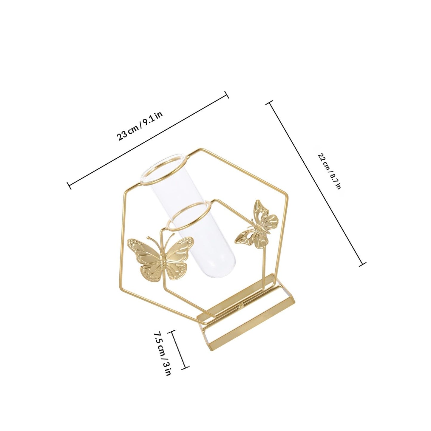 GOOHOCHY Glass Plant Terrarium Butterfly Pattern Hexagonal Vase with Metal Frame Desktop Decoration Home Flower Storage Vase for Living Room Tabletop Display