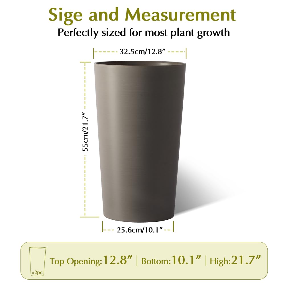 zzhugyin 2 Pack Tall 21.7 Inch Planter Pots, Modern Tapered Flower Pots for Indoor Outdoor Plants, Large Garden Patio Porch Planter Box (Brown)