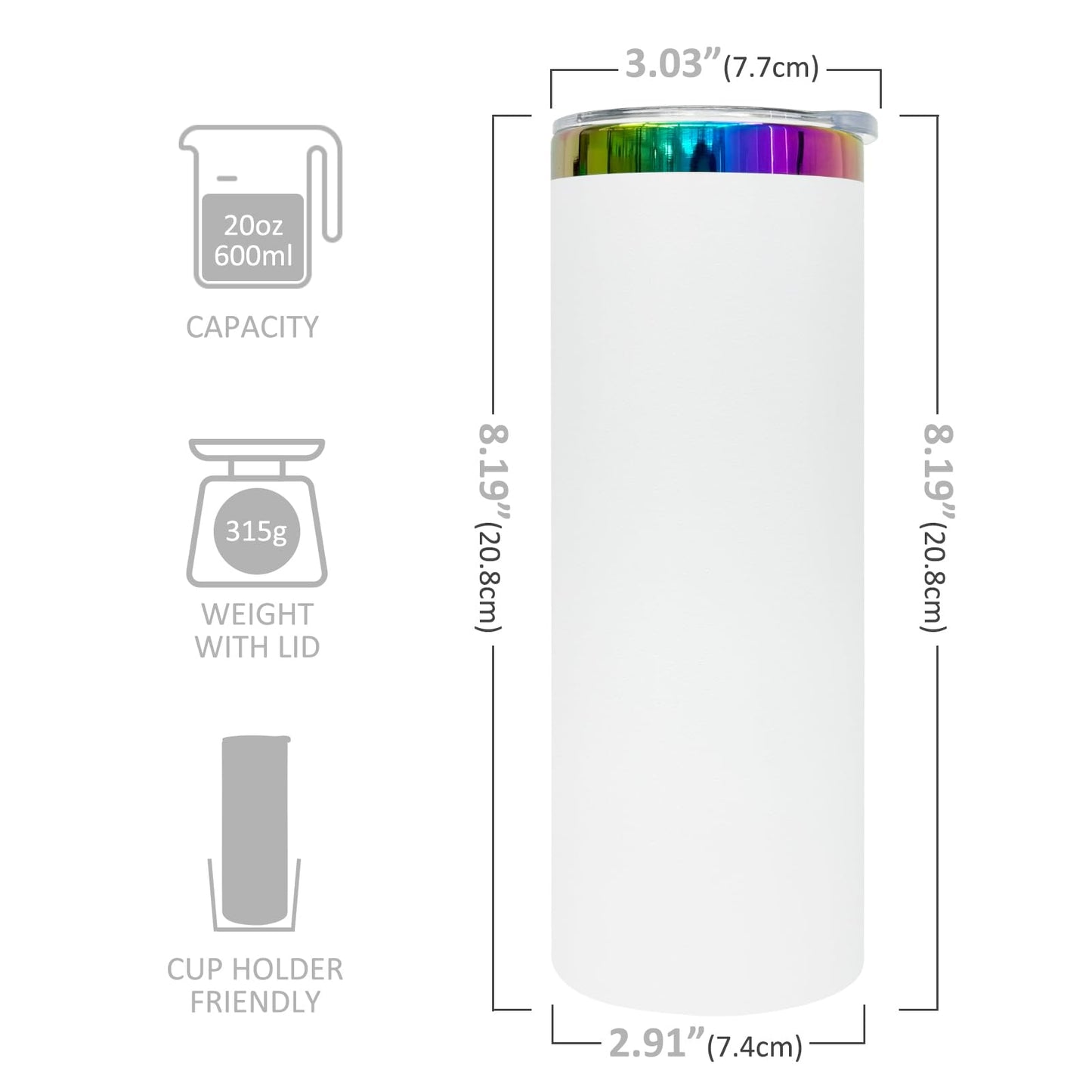 FunTrans 20 oz Skinny Tumblers Stainless Steel Tumbler with Lid and Straw Double Wall Vacuum Insulated Coffee Mug 20oz Powder Coated Cup for Hot and Cold Drinks(White,1 pack)