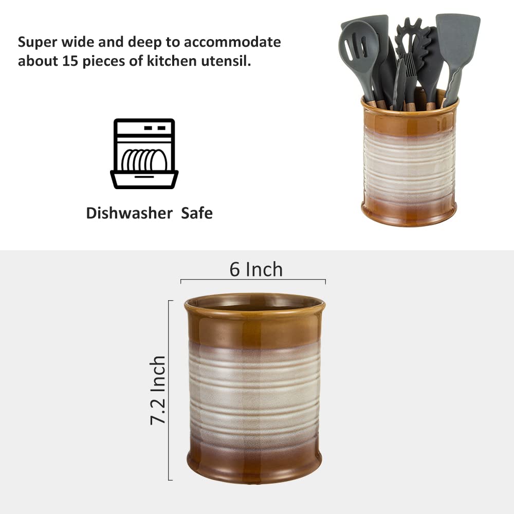 Nihow Ceramic Utensil Holder for Kitchen Counter, 7.2", Brown