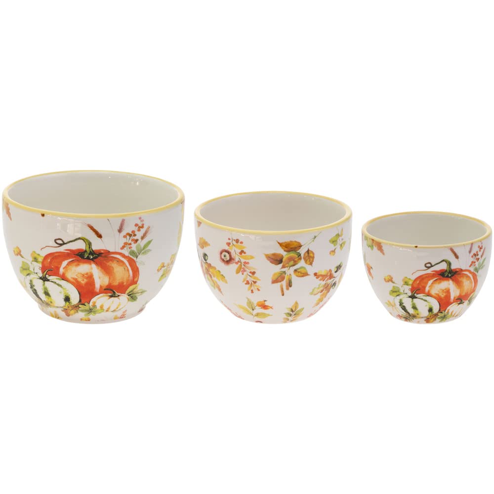 Boston International Ceramic Prep Bowls Dishwasher and Microwave Safe Fall Thanksgiving Bowl Set, 3-Sizes, Pumpkin Love