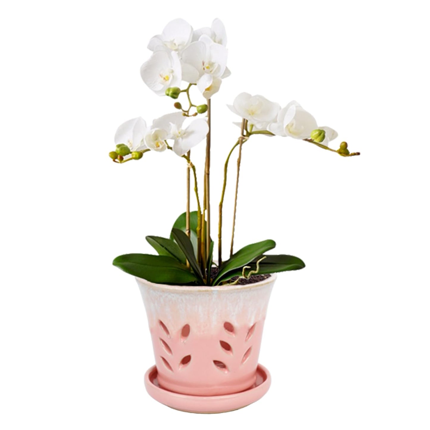 vensovo 5.5 Inch Ceramic Orchid Pot - Orchid Pot with Holes for Repotting, Ceramic Planter with Saucer for Indoor/Outdoor Plants, Pink