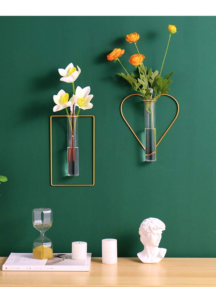 Nordic Wall Vase,Gold Geometric Vase Hanging Hydroponic Planter,Wall-Mounted Metal Glass Tube Bud Vase Decorative for Centerpieces Wedding Home Decor(Gold 1)