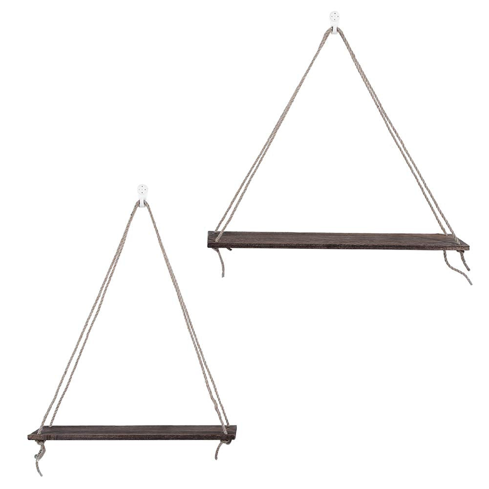 Eeneme 2 x Wooden Hanging Rope Hanging Plant Flower Pot Shelves Home Decorations (Retro Colour)