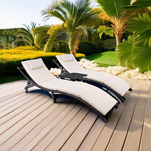 Devoko Patio Chaise Lounge Sets Outdoor Rattan Adjustable Back 3 Pieces