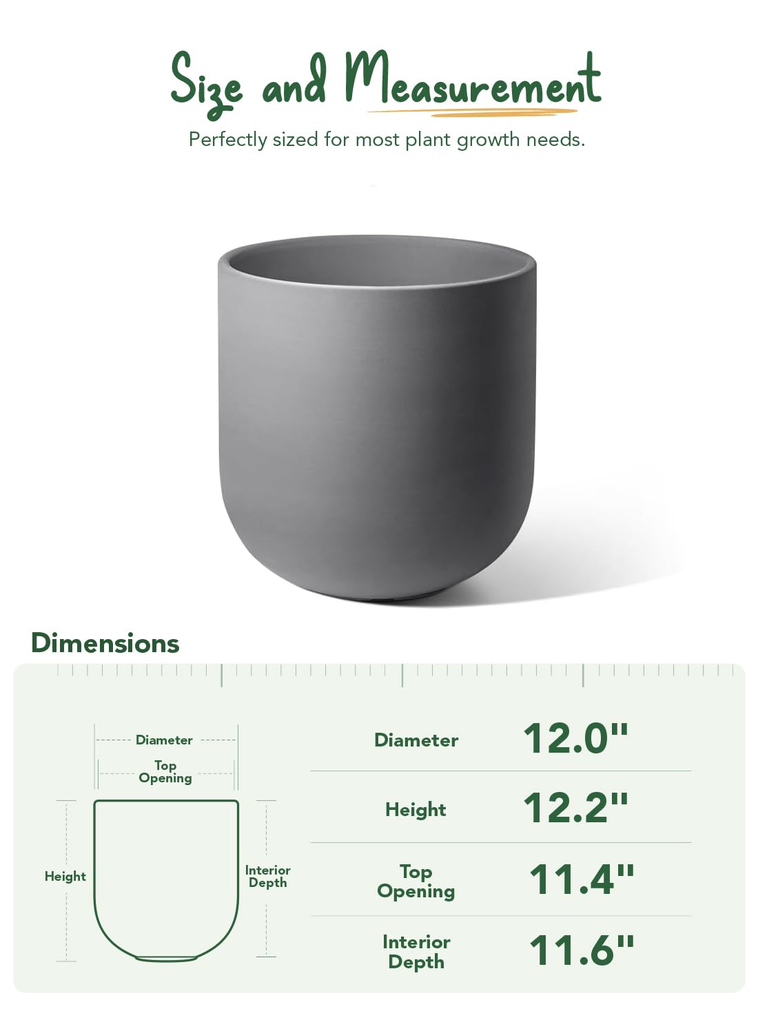 LE TAUCI 12 Inch Pots for Plants, Ceramic Large Planters for Indoor Plants, Indoor Plant Pots for Home Garden Patio Office, Big Planter Pots with Drainage Hole and Rubber Plug, Charcoal Gray