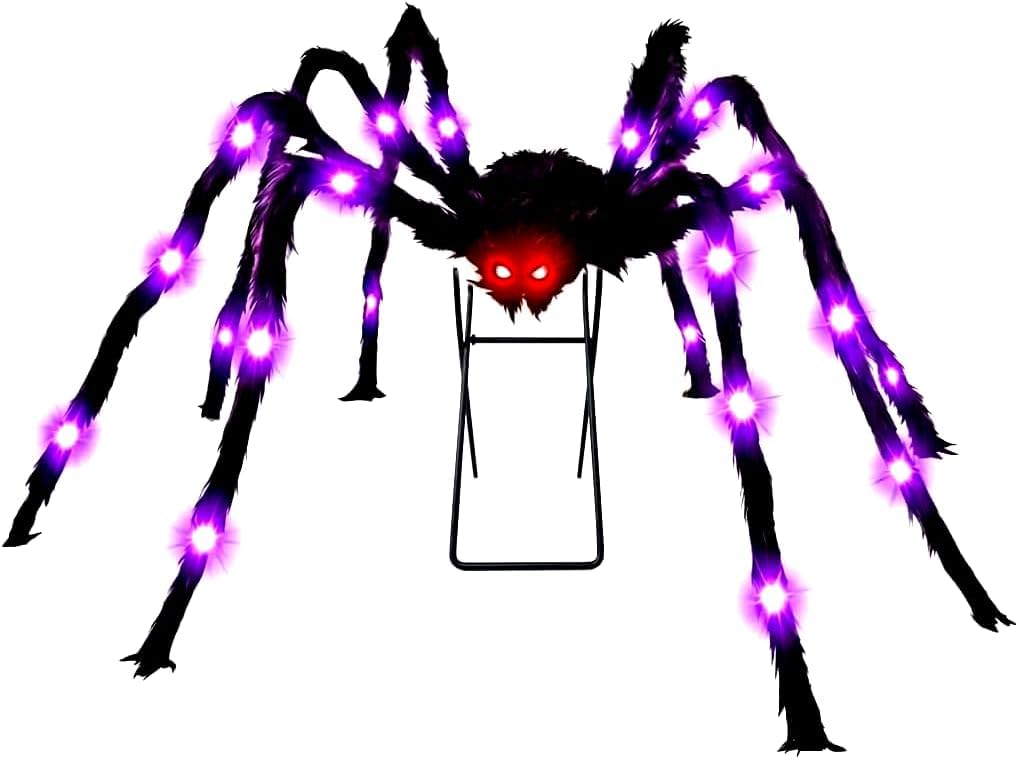 1 Pack 8 Modes 6.6 FT Halloween Giant Spider,Light up Spider with 36 Purple Lights,Light up Halloween Decorations Outside,for Yard Haunted House Window Party Porch Indoor Outside Decor
