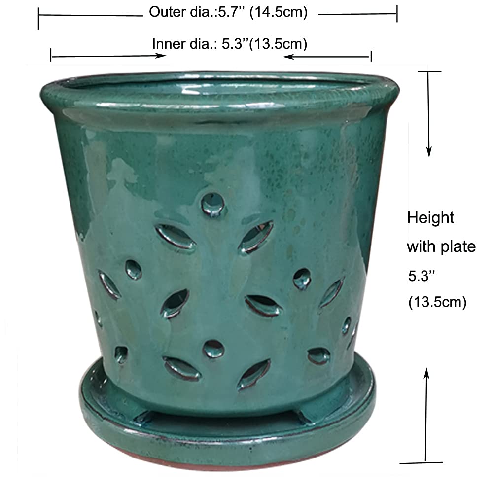 Ceramic Orchid Pots with Holes 6 Inch, Round Green Ceramic Orchid Pot with Saucer, Ceramic Air Plant Pot with Holes, Butterfly Pot Saucer Windowsill Contemporary Home Decoration, Forest Green