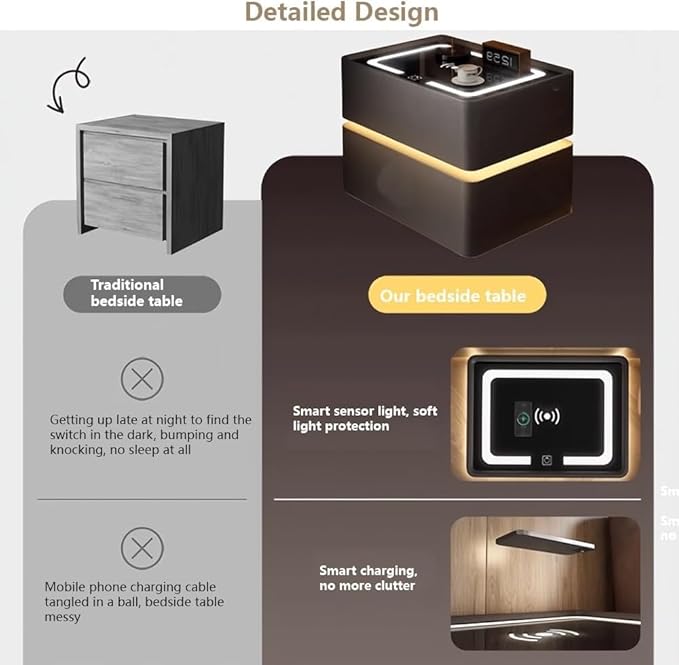Smart Nightstand with Wireless Charging, LED Nightstand, Night Table Bedside