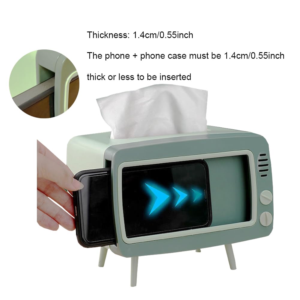CQUUKOI Fun Cute TV Tissue Box Holder,Multi Functional Square Tissue Box Cell Phone Holder for All Smartphone Toilet Paper Napkin Box Desktop Decoration for Room Bathroom Kitchen Dining (Blue)