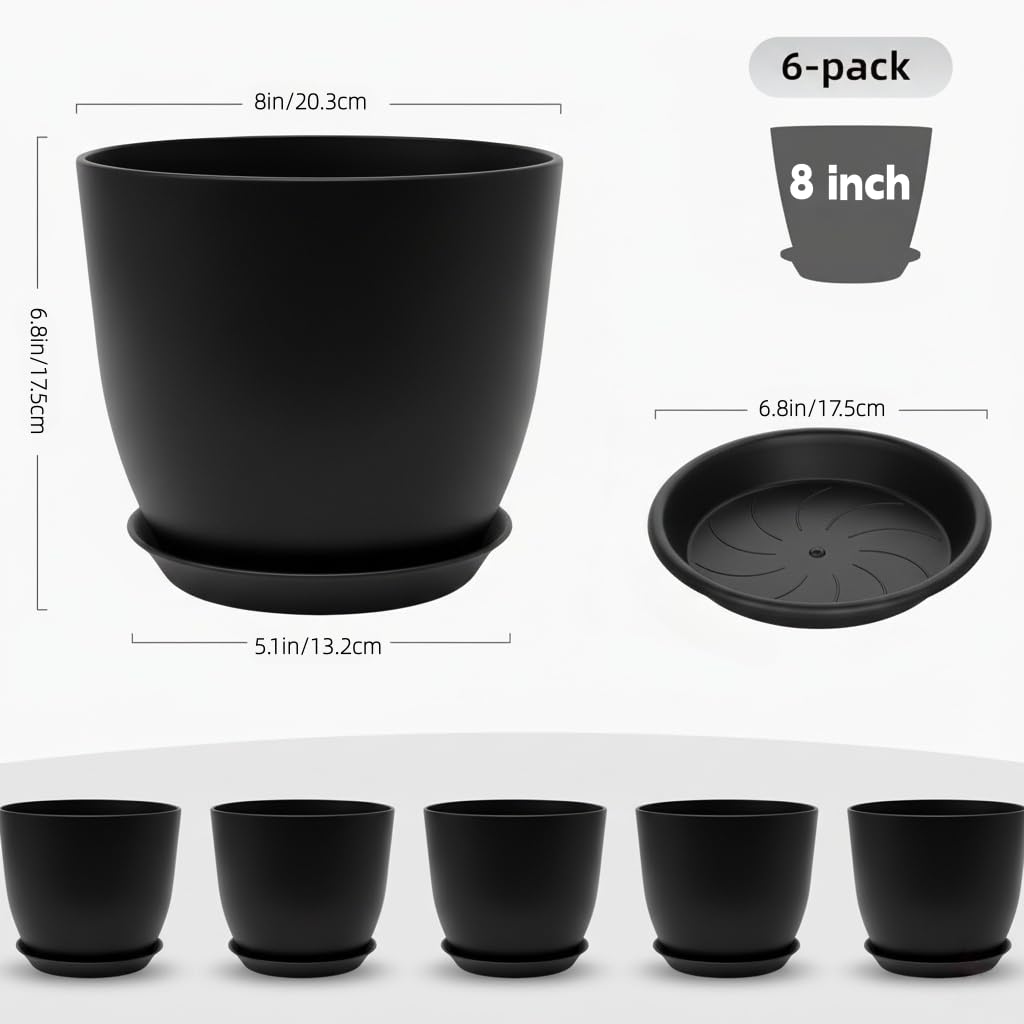 Vanslogreen Plant Pots 8 Inch Set of 6, Flower Pots with Drainage Holes and Saucer, Plastic Garden Planters for Indoor & Outdoor Plants (Black)