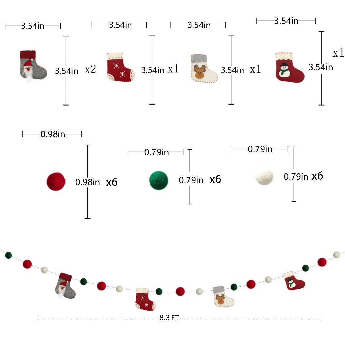 Wool Felt Christmas Decorations Clearance Garland Christmas Stockings Boots Banner Red Green White Felt Balls Pom Pom Garland Bunting for Xmas Tree Wall Home Fireplace Windows Party Decor Supplies
