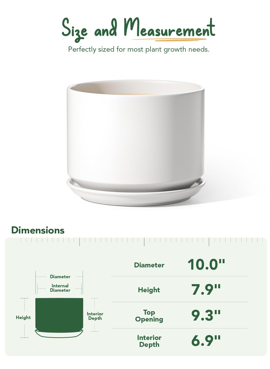LE TAUCI Ceramic Pots for Plants, 10 Inch Plant Pot with Drainage Hole & Saucer, Sturdy & Modern Planters for Indoor Plants, Includes Mesh Screen, Fits Snake Plant & Monstera, White