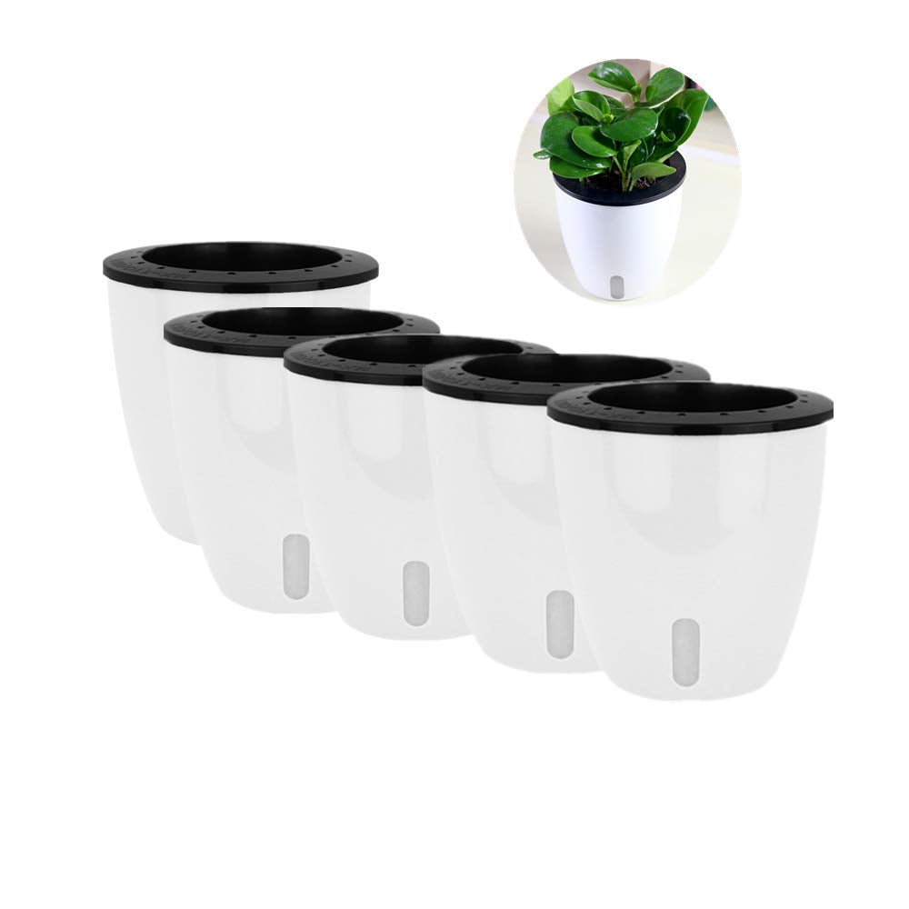 5 Pack Lazy Flower Pots Water Plants Pot/Self Watering Planter with Visible Water Level,Flower Root Care Seedlings Nursery Pot Planter Plants Pots Indoor Out Flowerpot Window Balcony (White)