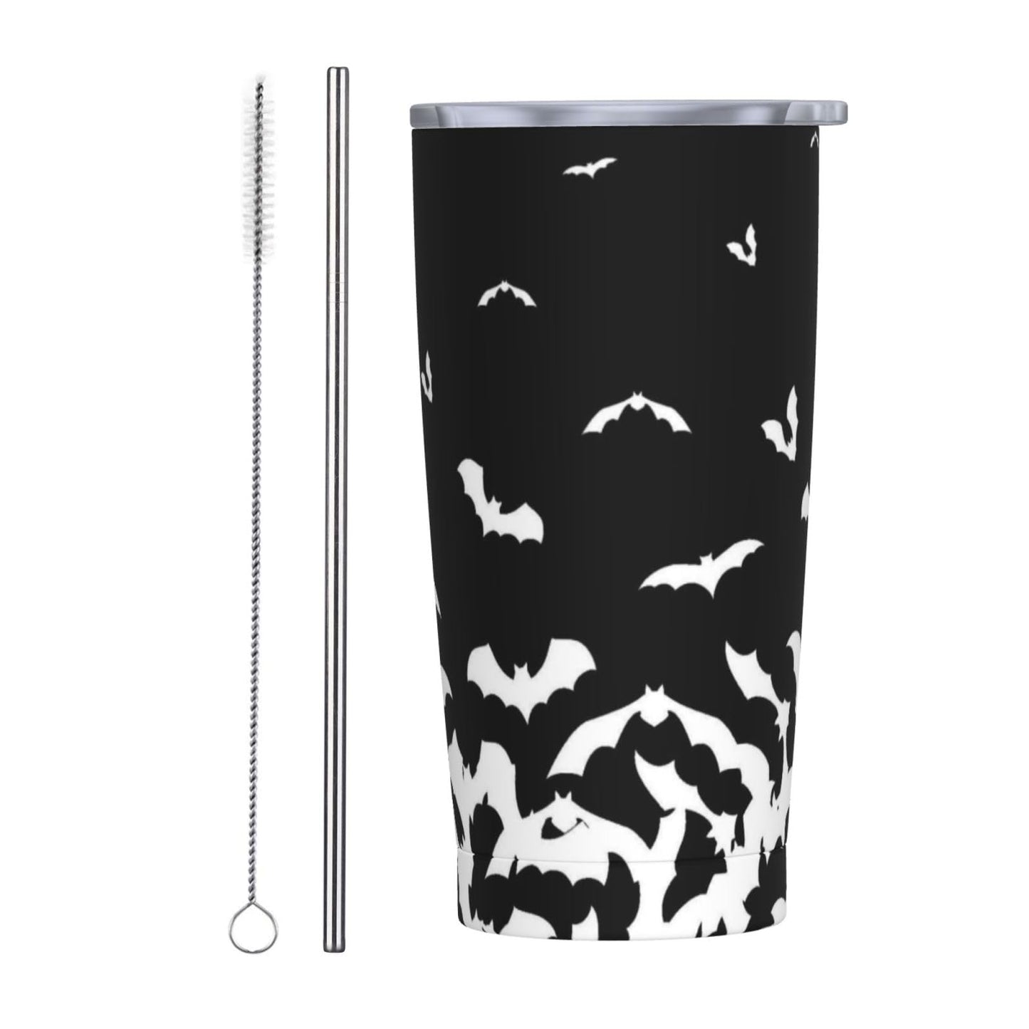 TOUNHEYA Halloween Bat Tumbler with Lid and Straw Black White 20oz Insulated Stainless Steel Cup Animal Travel Coffee Mug Water Bottle for Women Gift for Birthday Christmas