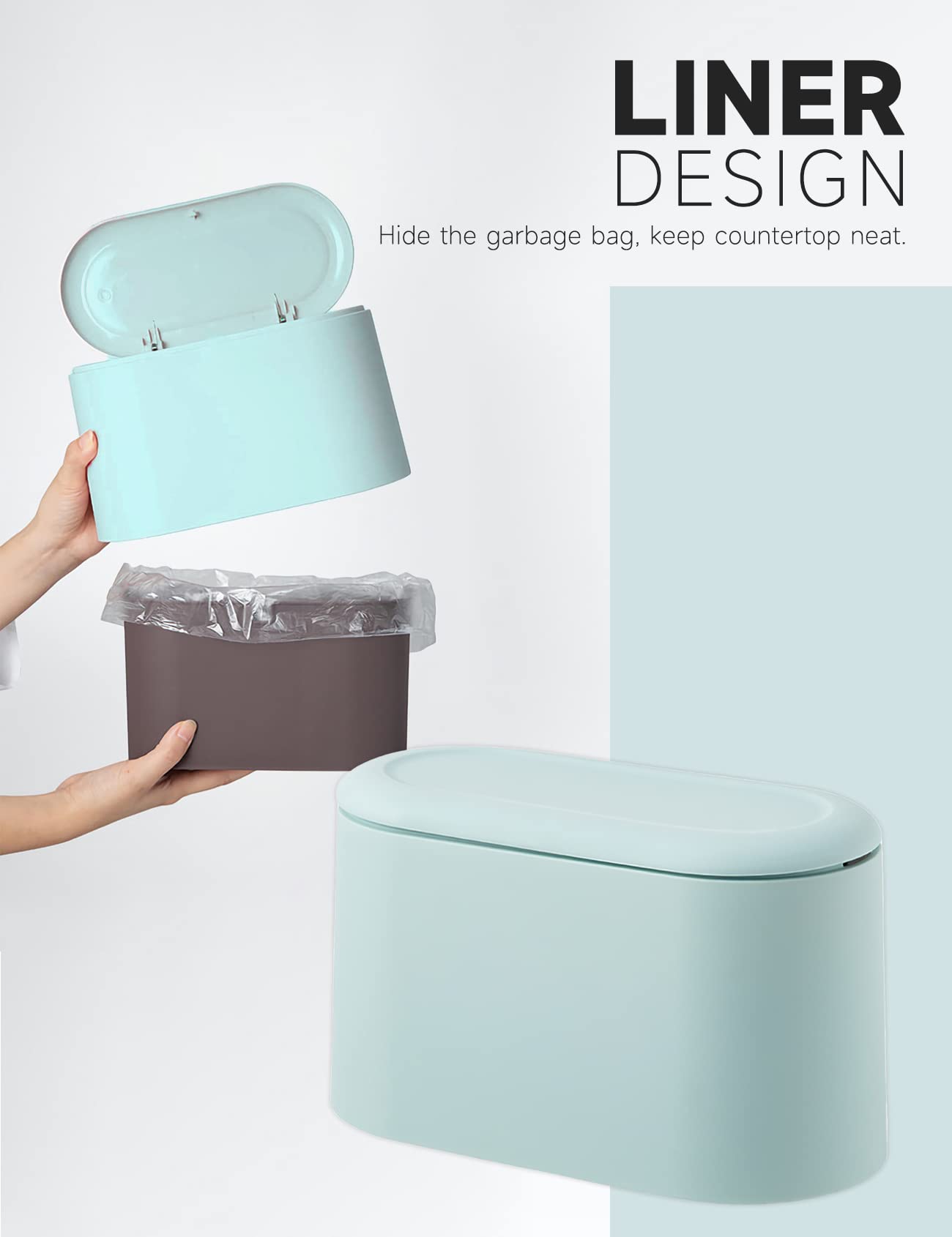 MONGTINGLU Mini Trash Can with Lid Removable Small Garbage Can, Tiny Plastic Trash Bin, Pop Up Countertop Wastebasket, Counter Garbage Lint Bin (Light Blue)