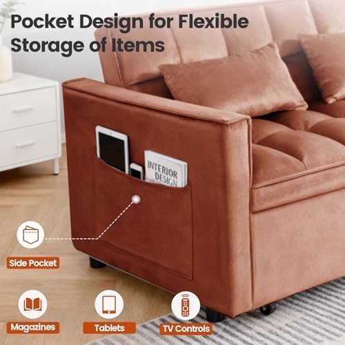 3 in 1 Convertible Sofa Bed, Velvet Fabric Loveseat Sleeper Couch, Modern Pull