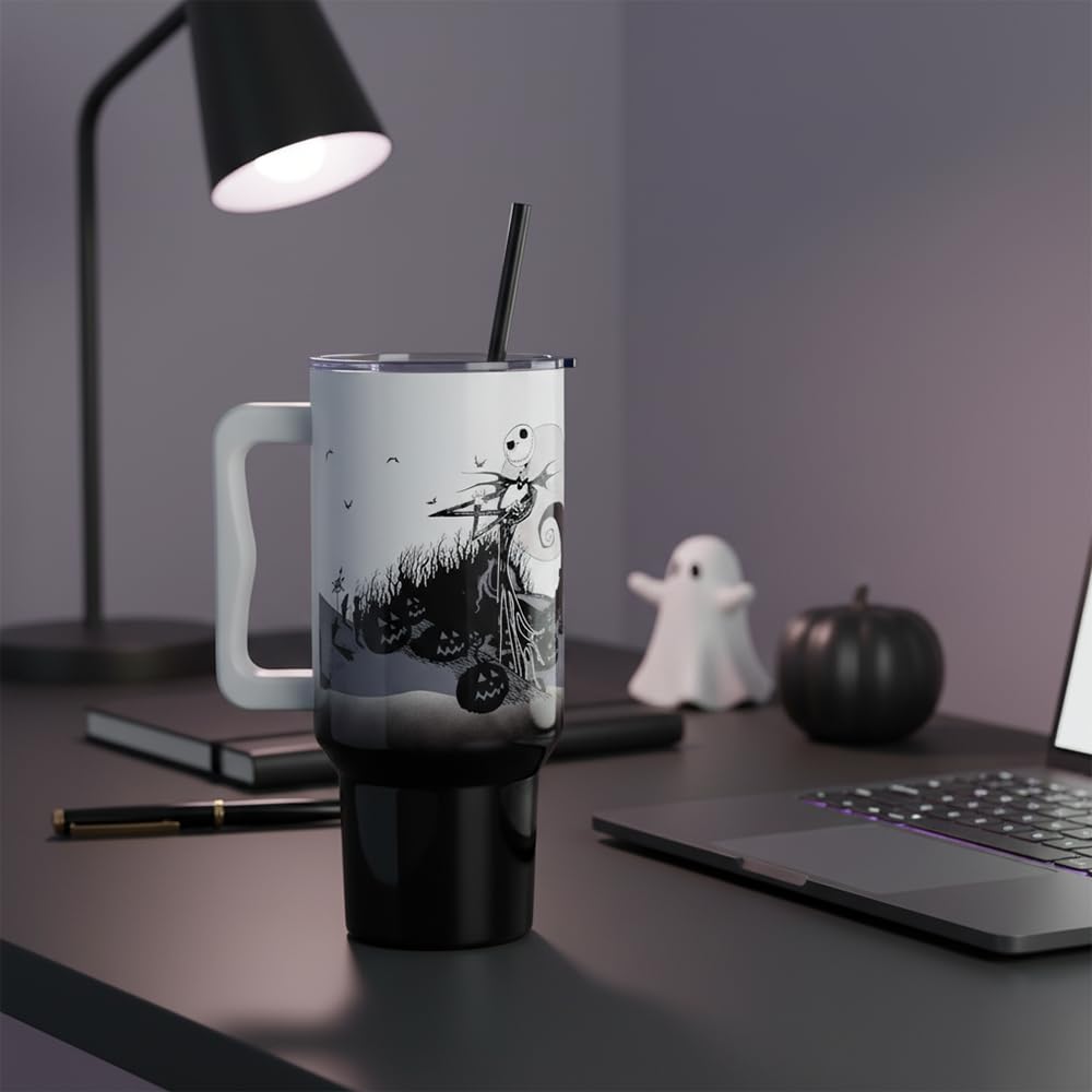 Silver Buffalo Disney Nightmare Before Christmas by Tim Burton Jack Skellington Hill and Moon Double Walled Stainless Steel Tumbler with Handle and Straw, Fits in Standard Cup Holder, 40 Ounces