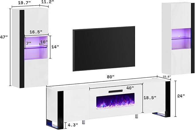 AMERLIFE 3-Piece Modern Wall Unit Entertainment Center Set, High Gloss 80"