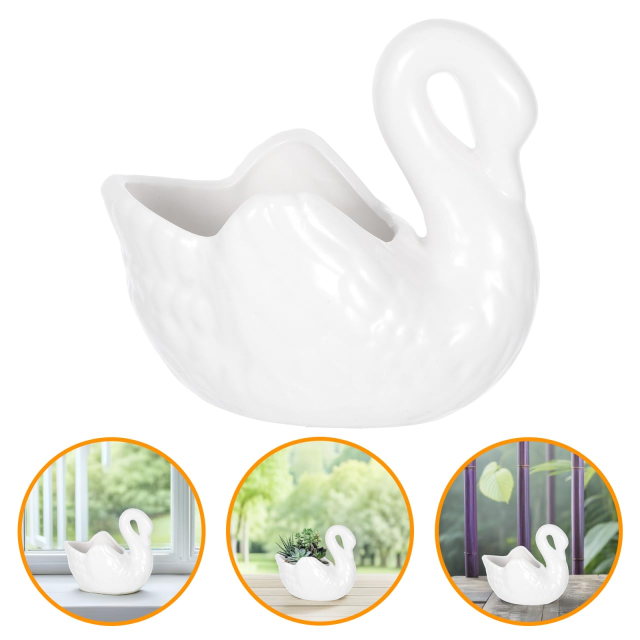 Yardwe Lovely Swan Ceramic Flowerpot with Drain Hole, White Porcelain Planter for Succulents, Decorative Plant Pot for Home and Office, 4.4 X 2.36 X 3.77 Inch