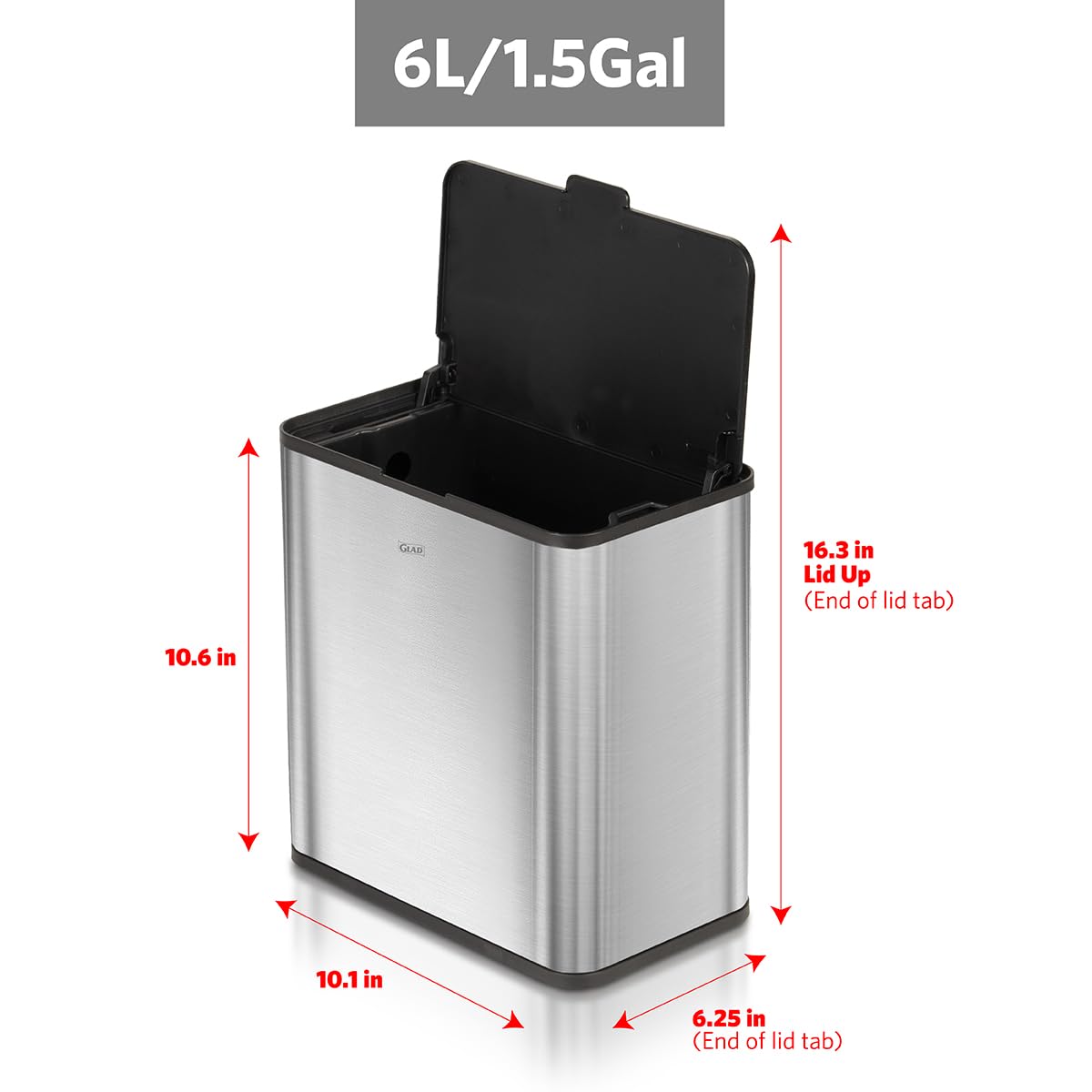 Glad Roomate Stainless Steel Under Counter Waste Bin with Clorox Odor Protection | Space Saving Dual Lid Small Trash Can for Kitchen Cabinet, Bathroom or Office, 1.5 Gallon (6L)